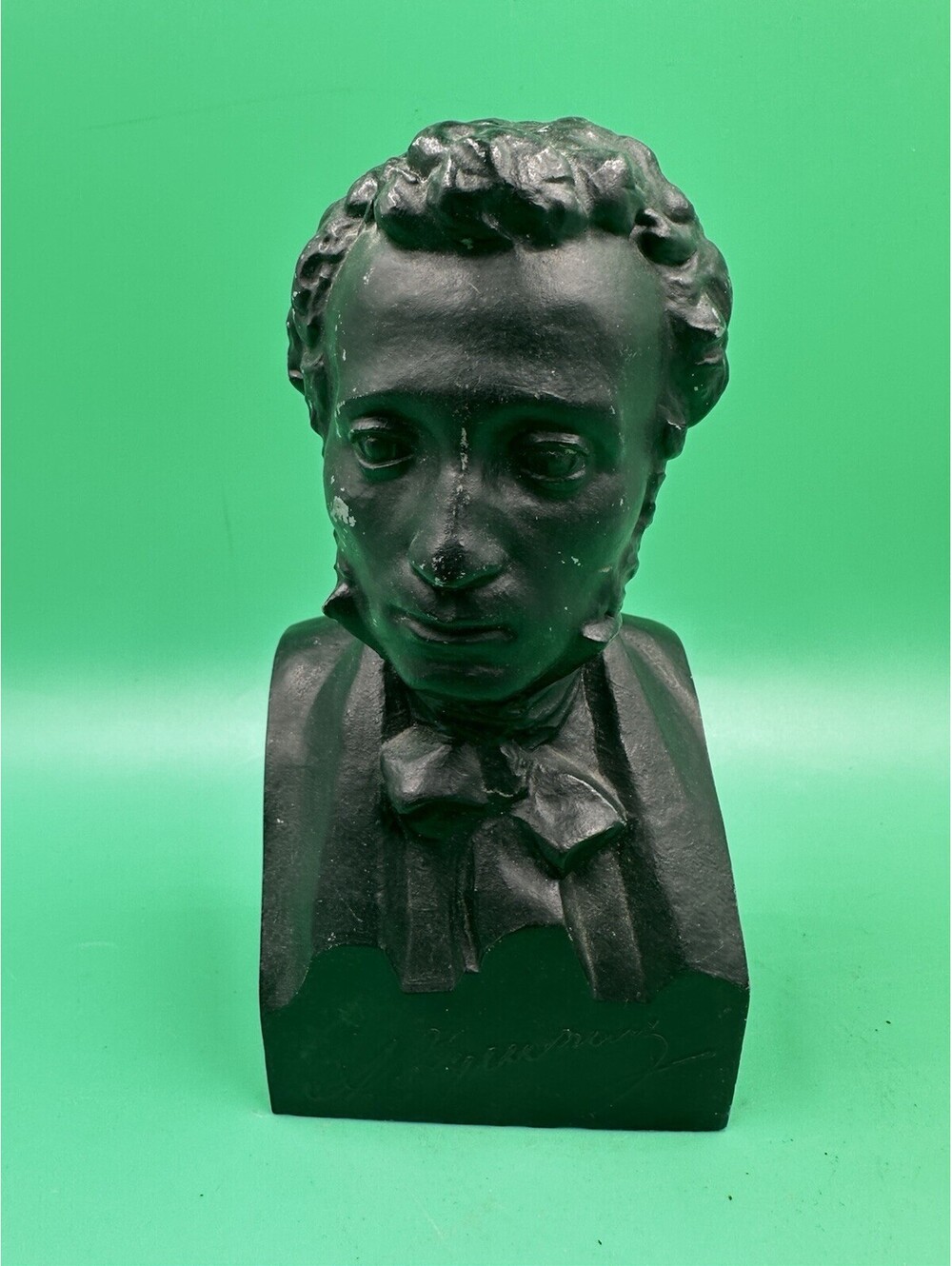Vintage metal RUSSIAN SOVIET USSR STATUE FIGURINE BUST Gogol Writer Signed 1981